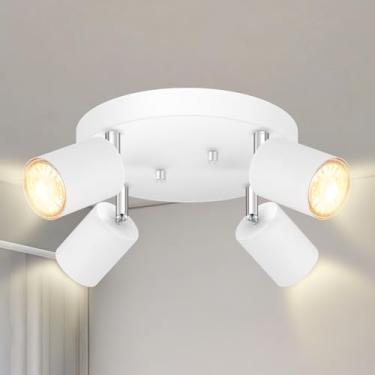 Imagem de Teto de 4 luminárias de trilho de luz, holofote de teto direcional redondo branco fosco, luminária de trilho de montagem embutida GU10, luzes de LED modernas ajustáveis para cozinha/sala de estar