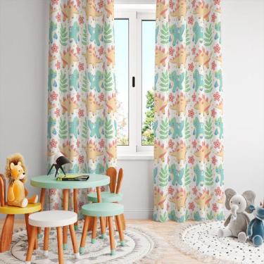 Imagem de Cortina Tecido Oxford Quarto Infantil Dinossauros Cute Ramos de Folhas