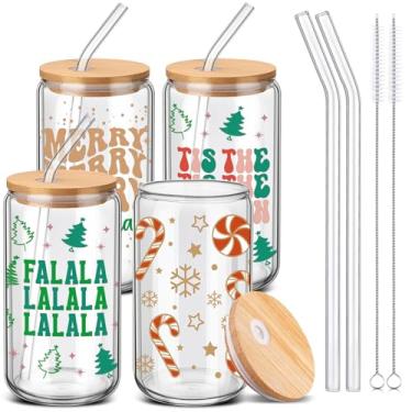 Imagem de SiliFine 4 peças de copos de vidro de Natal com tampas e canudos 473 ml Copos de café gelado de Natal em forma de lata copo para presente de agradecimento de Natal, lembrancinhas de festa de