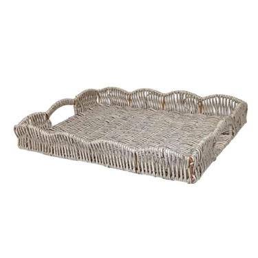 Imagem de SiaBiced Bandeja de servir de imitação de vime, tecida à mão, multifuncional, rústica, com alças, cesta de servir para café da manhã, cozinha e despensa, Cinza