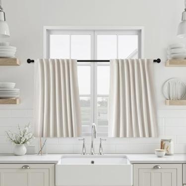 Imagem de UHITECH Cortinas blackout creme, 91 cm de comprimento, conjunto de 2 painéis, para quarto, janela pequena, modernas cortinas de linho para sala de estar, aba/bolso para varão, cortinas pretas à prova