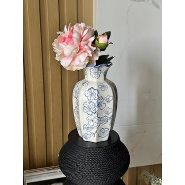 Imagem de Vaso vintage azul e branco, vaso floral de cerâmica chinoiserie de 24 cm, porcelana azul e branca retrô para decoração de casa, sala de estar, estante de livros, escritório
