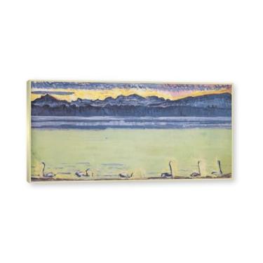 Imagem de Moldura de champanhe. Famosas pinturas a óleo (Lago Genebra 18) por Ferdinand Hodler, reprodução impressa em tela, arte de cenário para decoração de sala de estar. 75 x 150 cm - 29,5 x 59,0 pol