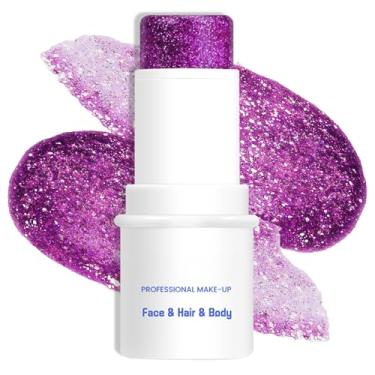 Imagem de LOKFAR Bastão de maquiagem roxo com glitter para corpo e rosto, gel multiuso à prova d'água com glitter para rosto, corpo e lábios, bastão de tinta de lantejoulas holográficas, acessórios de maquiagem