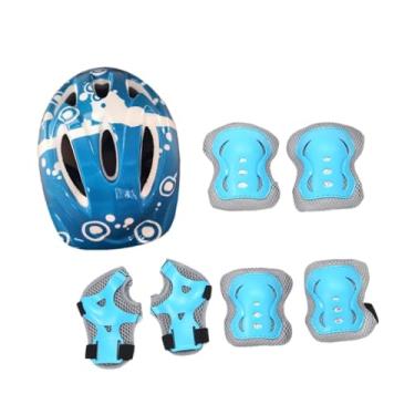 Imagem de oshhni Conjunto de capacetes de bicicleta para crianças com 7 peças, capacete de skate com joelheira, cotoveleira e munhequeira para patins, Azul