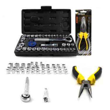 Imagem de Jogo Soquete 40 PÇS + Alicate Bico Meia Cana 6Pol - Titanium Platina