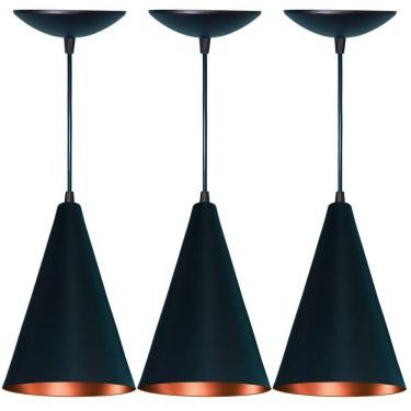 Imagem de Kit 3 Pendentes Cone Alumínio Preto 15cm x 25cm - Bivolt