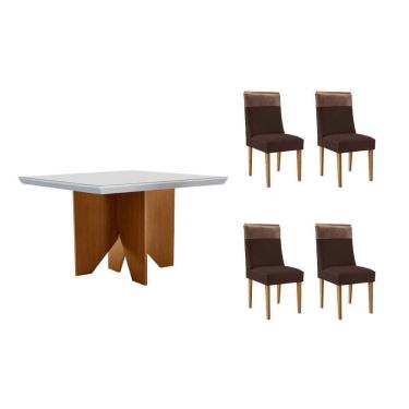 Imagem de Conjunto Sala de Jantar Nevada c/ Tampo Madeirado c/ Vidro Canto Curvo 90x90cm e 4 Cadeiras Jaspe Madeira Maciça Naturale/Off White - Capuccino/Suede 