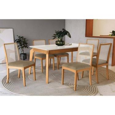 Imagem de Conjunto Sala de Jantar Petra Premium Madeira Maciça c/ Tampo Madeirado c/ Vidro 160x90cm e 6 Cadeiras Lara Carvalho/Off White - Boucle Bege Fendi-Kap
