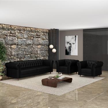 Imagem de Conjunto Sala de Estar 1 Sofá Living 220cm e 2 Poltronas Stanford Chesterfield Pés Madeira Couro Preto Brilho G58 - Gran Belo