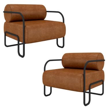 Imagem de Kit 2 Poltronas Decorativas Sala de Estar Polatsk Base Industrial de Ferro PU Caramelo G33 - Gran Belo
