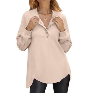 Imagem de Camisa feminina ANRABESS, manga comprida, túnica Henley, bege, L