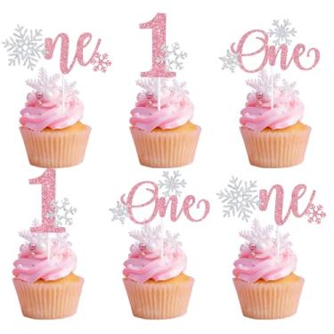 Imagem de 15PCS Snowflake One Cupcake Topper, Snowflake 1st Birthday, Winter Baby Shower, Winter Frozen Theme Kids First Birthday Party Decorations Pink Glitter