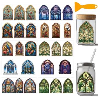 Imagem de arricraft 10 adesivos de transferência de copos de PVC com tema de janela gótica, estilo igreja, gótico, padrão de janela de vidro, à prova d'água, UV para copos de 473 ml, decoração de impressão