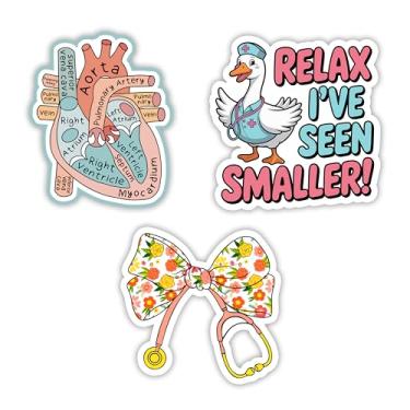 Imagem de Conjunto de 3 peças Relax I've Seen Smaller, Bow Stethoscope, Anotomy Heart Sticker Funny Nurse Emergency Medical Field RN CNA NICU Register Nurse Nursing Student Waterproof 5 cm Die-Cut Vinyl Funny
