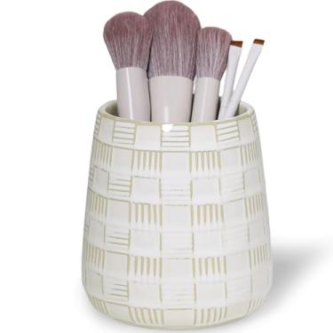 Imagem de QUXIJA Porta-pincéis de maquiagem de cerâmica, penteadeira de banheiro e bancada, copo de pincéis de maquiagem para cosméticos, batons, armazenamento de mesa de banheiro (branco vintage)