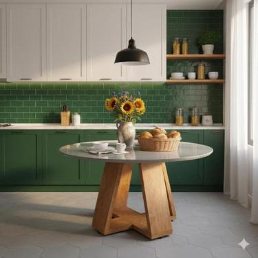 Imagem de Mesa de Jantar Redonda 90cm com Tampo de Vidro e Pés em MDF  Off White