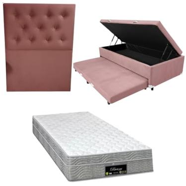 Imagem de Cama Box Baú Solteiro com Auxiliar (Bicama) + Colchão RivIera Molas Ensacadas 25cm | Kit Completo com Cabeceira Botonê Opcional | Diversas Cores (3, SUEDE ROSA, COM CABECEIRA)