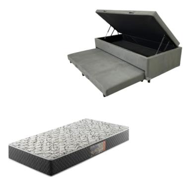 Imagem de Cama Box Baú Solteiro com Auxiliar (Bicama) + Colchão de Espuma D33 17cm | Kit Completo com Cabeceira Botonê Opcional | Diversas Cores (2, SUEDE CINZA, SEM CABECEIRA)