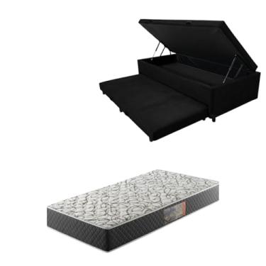 Imagem de Cama Box Baú Solteiro com Auxiliar (Bicama) + Colchão de Espuma D33 20cm | Kit Completo com Cabeceira Botonê Opcional | Diversas Cores (2, SUEDE PRETO, SEM CABECEIRA)