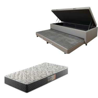 Imagem de Cama Box Baú Solteiro com Auxiliar (Bicama) + Colchão de Espuma D33 20cm | Kit Completo com Cabeceira Botonê Opcional | Diversas Cores (2, CORINO CINZA, SEM CABECEIRA)