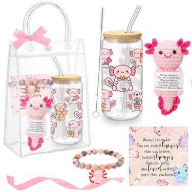 Imagem de Roshtia Axolotl Conjunto de presente de vidro de palha fofo crochê com cartão pulseira rosa bolsa de cartão presentes inspiradores para amantes de axolotls amigos amigos ou presentes de Natal de