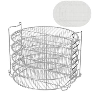 Imagem de Rack desidratador para panela de pressão Ninja Foodi 6,5 e 8 Qt, acessórios de suporte de grelha de aço inoxidável com pacote de 5 folhas de desidratador antiaderentes de silicone para fritadeira