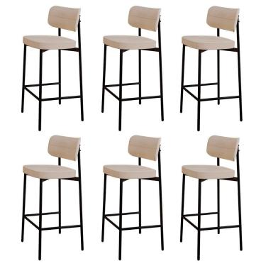 Imagem de Banqueta Alta Bar Estofada Kit 6 Ella M25 Linho Areia - Mpozenato