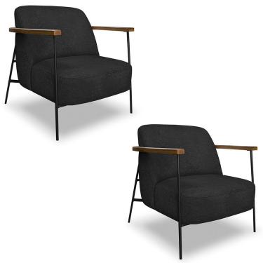 Imagem de Poltrona Para Sala Pés Metálicos Kit 2 Ellen S06 Boucle Preto - Mpozenato