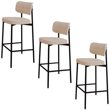 Imagem de Banqueta Alta Bar Estofada Kit 3 Ella M25 Linho Areia - Mpozenato