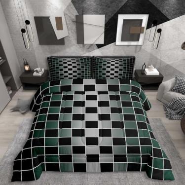 Imagem de Erosebridal Conjunto de edredom xadrez preto completo, verde escuro, cinza, quadriculado, xadrez buffalo, para adultos, homens e mulheres, edredom de guingão