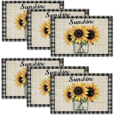 Imagem de Conjunto de 6 jogos americanos de girassol, tapete de mesa de flores de primavera para cozinha, sala de jantar, restaurante, 46 x 30 cm