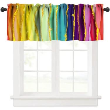Imagem de ZhiRain Cortina de saia arco-íris colorida abstrata luxuosa fluindo dourada estampada com bolso para varão tratamentos de janela 1 painel cortinas curtas para cozinha, sala de estar, decoração de