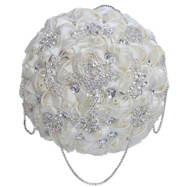 Imagem de Fita de cetim buquê de coroa de casamento diamante e noiva, vários tamanhos, cerimônia de laço de casamento católica, design floral creme elegante branco