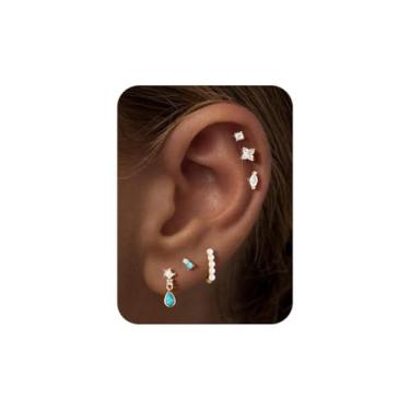 Imagem de M MOOHAM Brincos hipoalergênicos com costas planas para mulheres, banhado a ouro 14K, zircônia cúbica, turquesa, argola de pérola, cartilagem de aço cirúrgico, conjunto de brincos para vários