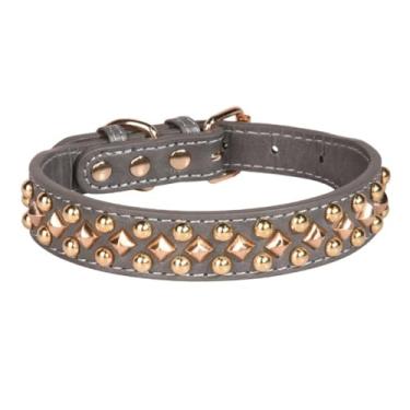 Imagem de Coleira de couro para cachorro com alça de pescoço vintage para filhotes de cachorro buldogue coleira ajustável para animais de estimação média (M, cinza)