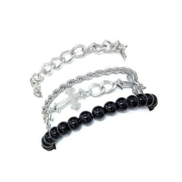 Imagem de twinkle eye Pulseiras cruzadas para mulheres e homens empilháveis em camadas de aço inoxidável, pulseira de elos cubanos, joias punk, presentes para pai e marido, One Size, Liga metálica, Sem Pedra