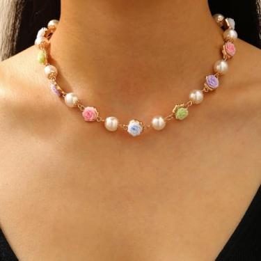 Imagem de Colar de pérolas douradas para mulheres, gargantilha de pérolas, colar de pérolas delicadas, colares de sol, flores e contas douradas, presentes de amizade, joias, Medium, Latão, Sem Pedra Preciosa
