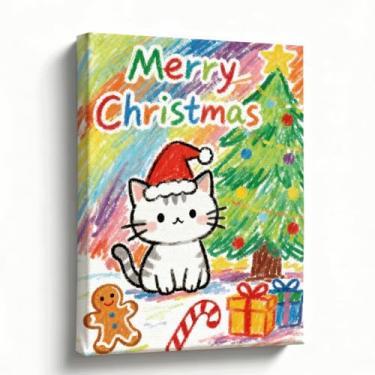 Imagem de Arte de parede de Natal, impressão em tela em estilo giz de cera de gato e árvore, decoração de quarto kawaii, arte de parede colorida de inverno para banheiro de sala de jogos, tela embrulhada para