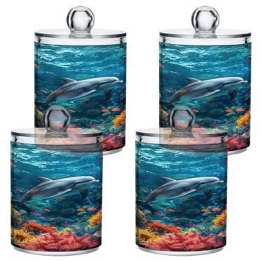 Imagem de ATTX Dispensador colorido de recifes de corais Qtip para bola de algodão, cotonete, frasco de boticário de plástico transparente, pote de armazenamento de cozinha para decoração de casa, pacote com 4