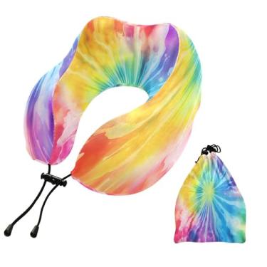 Imagem de CEBUGI Travesseiros de viagem portáteis em forma de U, travesseiro de pescoço de espuma viscoelástica com trava de corda ajustável para avião, viagem, trem, negócios, escritório, soneca (colorido