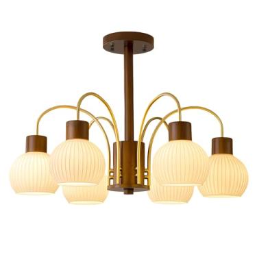 Imagem de Lustre de vidro leitoso canelado com 6 lâmpadas, estilo rústico campestre, em madeira de nogueira, com globo branco fosco e design moderno de meados do século XX. Luminária de teto semi-embu