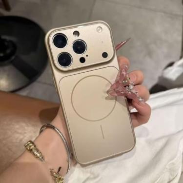 Imagem de Capa de celular em vidro fosco para iPhone 17 Air 16 15 14 13 Pro Max com carregamento sem fio magnético, cor dourada do deserto, compatível com iPhone 16 Pro.