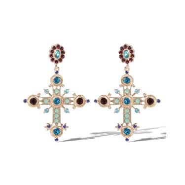 Imagem de Jessica Simpson Brincos de cruz grande para mulheres, pedra de vidro multicolorida, brincos pendentes de cruz dourada