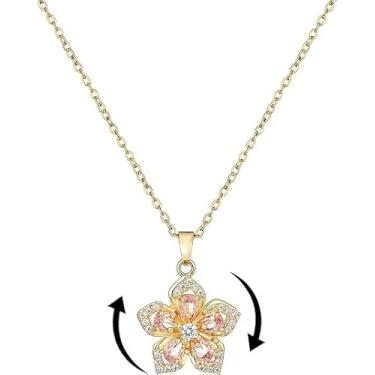 Imagem de Colar giratório feminino com flores douradas, colar giratório com pingente de flor de prata de cristal giratório ajustável, gargantilha de flor vermelha para presentes engraçados, Large, Liga de aço