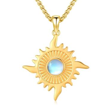 Imagem de PCTJYFU Colar com pingente de sol banhado a ouro 18K para mulheres, moderno, delicado, sol nascente, coração, medalhão, joia comemorativa, presente de Natal (pedra da lua), Gema
