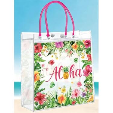 Imagem de AnyDesign 24 peças de sacos de presente de plástico transparente havaiano Aloha com alças de folha de palmeira floral reutilizável PVC bolsa de lembrancinhas para festa de verão tropical Aloha