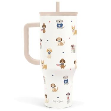 Imagem de SANDJEST Copo para cães de 1,134 g com alça e canudo, caneca de café de viagem de aço inoxidável isolada para mulheres, meninas, amantes de cães, mãe, ideia de presente para aniversário, Natal, Dia