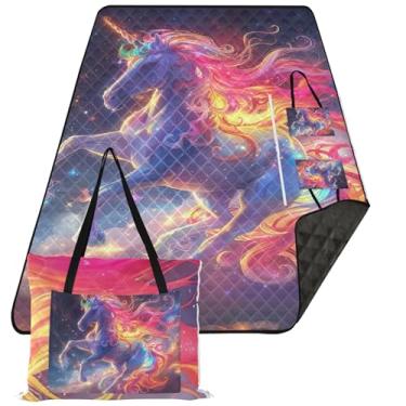 Imagem de TSENQUE Manta de praia à prova de areia com estampas coloridas de unicórnio, impermeável, tapete para acampamento, cobertor dobrável para piquenique, grande, 203 x 152 cm