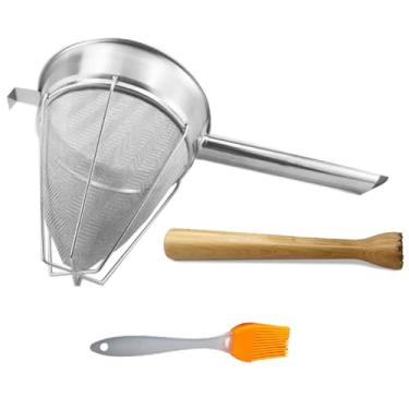 Imagem de Coador reforçado de aço inoxidável 18/8 com compactador de pasta de madeira – Malha ultrafina para sopas suaves, purês, caldos e molhos, cabo longo confortável e gancho em forma de L, escova de